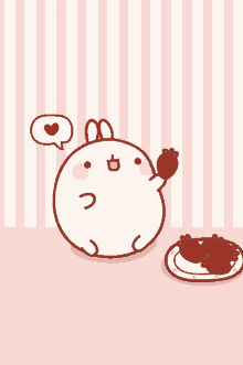 a cartoon rabbit holding a strawberry next to a plate of strawberries on a pink and white striped background