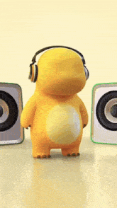 a yellow cartoon character wearing headphones is standing in front of two speakers