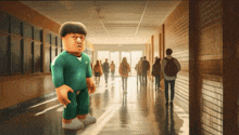 a cartoon character is standing in a hallway with people walking down it