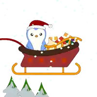 a penguin wearing a santa hat is sitting in a sleigh with gifts