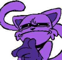 a pixel art drawing of a purple cat pointing at the viewer