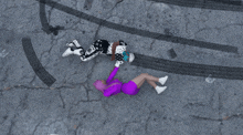 a girl in a purple dress is laying on the ground next to a man in a white shirt with the number 23 on it