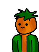 a cartoon drawing of a carrot wearing a green jacket with a star on its head