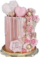 a pink and gold birthday cake with flowers and hearts