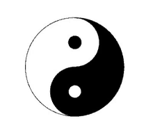 a black and white yin yang symbol with a white dot in the middle .