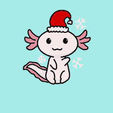 a pink axolotl wearing a santa hat with snowflakes around it