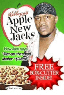 an advertisement for kellogg 's apple new jacks cereal