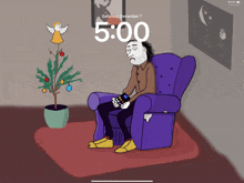 a cartoon of a man sitting in a chair with the time of 5:00 on saturday december 7