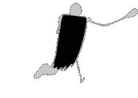 a black and white drawing of a person with a long arm holding a black item .