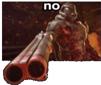 a video game character is pointing a gun at the camera with the words `` no '' above him .