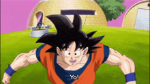 a cartoon character says yo in front of a brick building