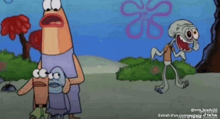 spongebob squarepants and squidward are standing next to each other in a cartoon .