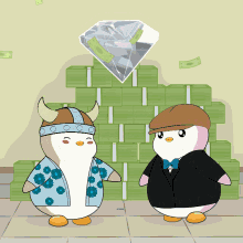 two penguins standing in front of a stack of money