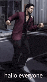 a man in a red jacket is dancing in a video game with the words hallo everyone written below him .