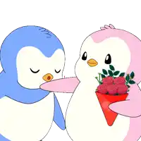 a blue penguin kissing a pink penguin who is holding a bouquet of red roses