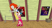 a cartoon of a woman holding a man up in the air with a dance show poster behind her