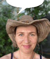 a woman wearing a cowboy hat with a speech bubble above her