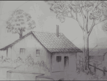 a black and white drawing of a house with a tree