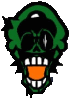 a cartoon drawing of a green skull with a orange mouth and teeth .