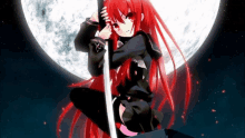 a girl with red hair is holding a sword in front of the moon