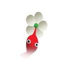 a red cartoon character with a white flower on top of it .