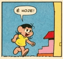 a cartoon of a girl running towards a house with a speech bubble that says `` e hoje '' .