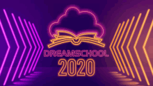 a neon sign for dreamschool 2020 with an open book and a cloud