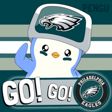 a penguin wearing a philadelphia eagles hat says go go