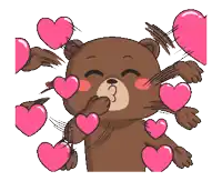 a teddy bear is surrounded by pink hearts and kissing them