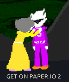 a pixel art of a man in a purple suit kissing a woman in a yellow dress