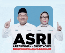 a man and a woman standing next to each other with asri written on the front of their shirts