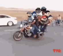 a group of cartoon characters are riding a motorcycle with the word tmk on the bottom