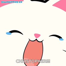 a cartoon cat is laughing with its mouth open and says christopher !