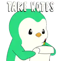 a penguin holding a piece of paper and a pencil with the words take notes written above it