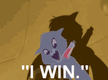 a cartoon cat is holding a bottle with the words " i win " written on it