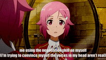 a girl with pink hair is looking at herself in the mirror