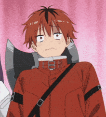 a red haired anime character with a black strap around his shoulder