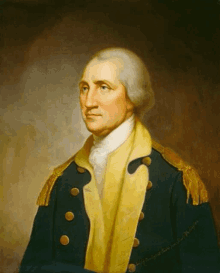 a painting of george washington with a yellow coat