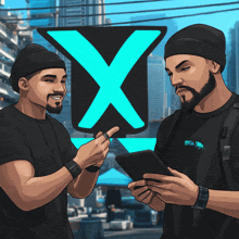 two men are looking at a tablet in front of an x