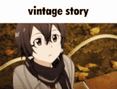 a picture of a girl with a scarf around her neck and the words vintage story above her