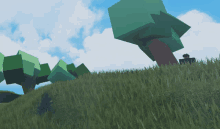 a video game scene with trees made of cubes and a man standing in the grass