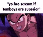 a cartoon character with the words " yo bro scream if tomboys are superior " on the bottom