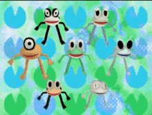 a group of frogs are standing in a circle on a green background