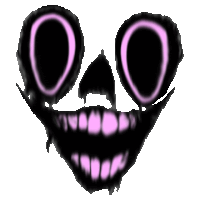 a drawing of a skull with purple eyes and teeth .