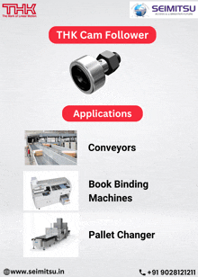 an advertisement for thk cam follower shows conveyors book binding machines and pallet changer