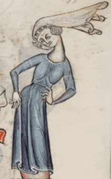 a drawing of a woman in a blue dress with a veil on her head