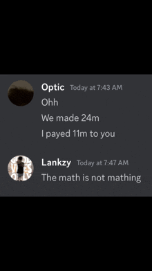 a screenshot of a text conversation between optic and lankzy