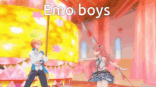 a boy and a girl are dancing together in a room with the words emo boys written on the bottom .