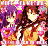 a couple of anime girls are standing next to each other with hearts and butterflies .