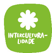 a green square with a white flower and the words intercultura-lidade written on it